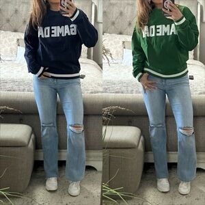 New💙🏈💚BEACH RIOT 💚💙Game Day Varsity Navy Crewneck Sweatshirt